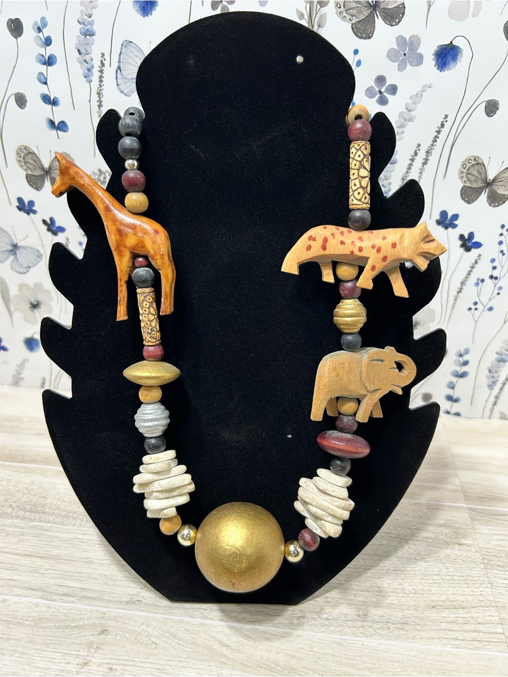 Carved Wood Safari Animal Statement Necklace Giraffe Elephant